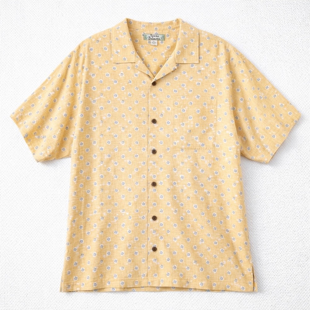 Tommy Bahama Mens XL Silk‎ Button Up Shirt Yellow Geometric Spiral Camp Collar